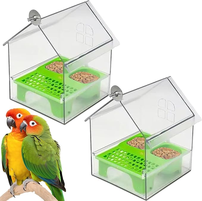 Ziveseller/Sowhathow Pull-Out External Parrot Feeder, Parrot Feeder Parakeet House Bird Bath Transparent Dish Water, Hanging Wild Bird Seed with Squirrel Proof Tray (Green*2)-VerdiqueGarden