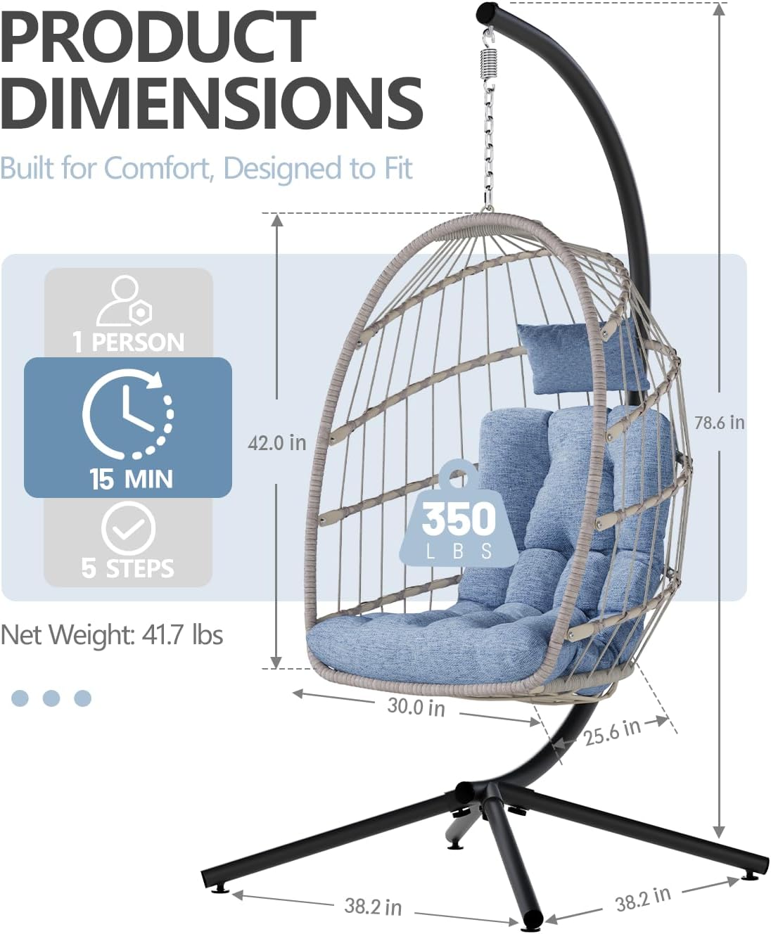 SWITTE Egg Chair Outdoor with Stand, Indoor Wicker Hanging Egg Swing Chair with Cushion, 350lbs Capacity for Patio, Bedroom, Garden - Light Blue-VerdiqueGarden