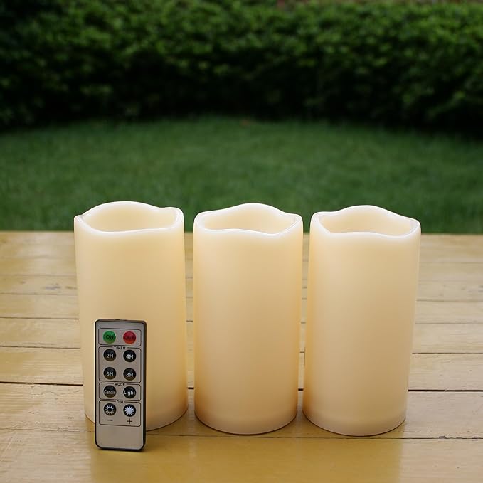 iZAN 3-Pack Outdoor Flameless LED Battery Operated Candles with Remote Waterproof Flickering Electric Pillar Candles for Halloween Chirstmas Home Wedding Party Festival Décor Long Battery Life 3”x6”-VerdiqueGarden