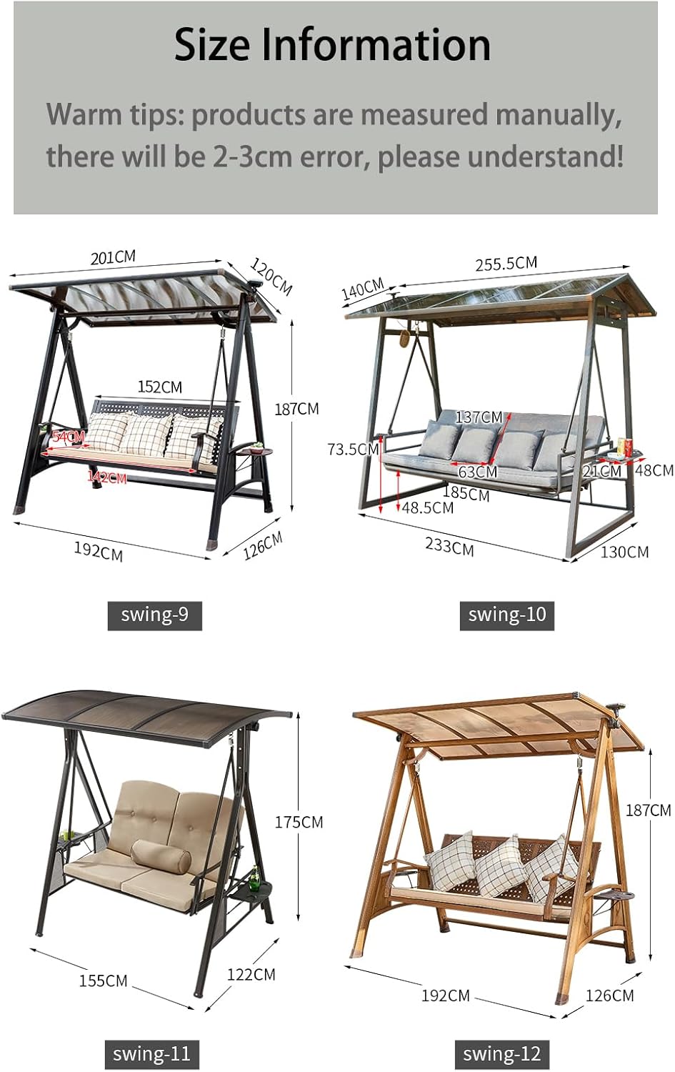 2/3-Seat Outdoor Patio Porch Swing with Adjustable Aluminum Alloy Canopy Solar Patio Swing Chair Bench with Footrest Side Cup Holder for Backyard Lawn (A-Aluminum Mesh Wood Grain-3 Seat)-VerdiqueGarden