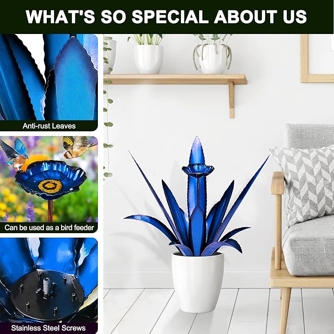 Upgraded Large Metal Yard Art, Metal Agave Plant Yard Decorations Outdoor Sculpture, Metal Flowers for Outside, Waterproof Outdoor Garden Decor (Blue+ Bird Feeder)-VerdiqueGarden