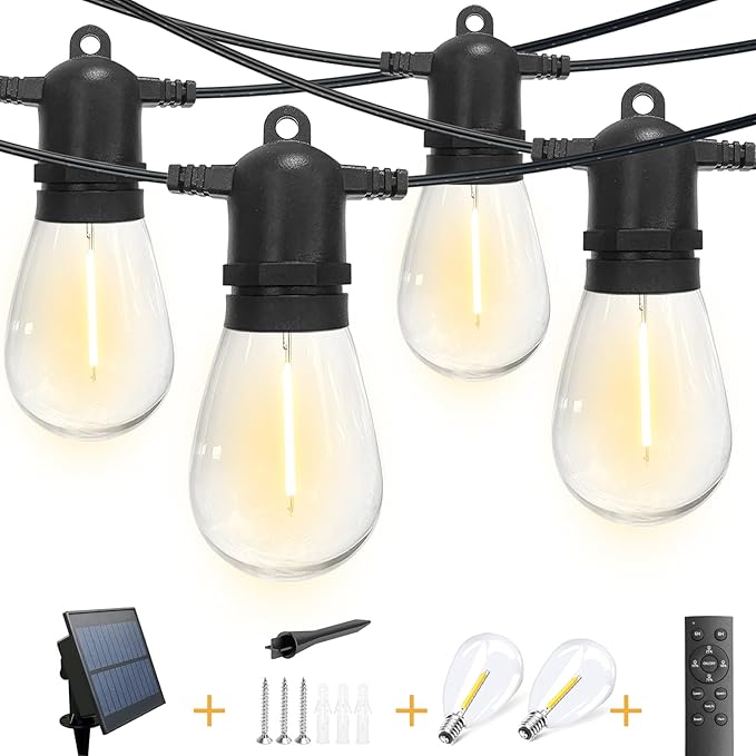 102(96+6) ft Solar String Lights Outdoor, Waterproof with USB Port Remote Control Solar Patio Lights,32 Shatterproof S14 Bulbs,1W Soft White-VerdiqueGarden