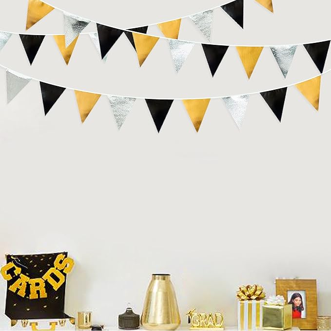 Black Gold Silver Party Decoration Triangle Pennant Banner Flag Metallic Fabric Bunting Garland for Birthday Graduation Anniversary Wedding Bridal Shower Bachelorette Engagement Disco Party Supplies-VerdiqueGarden