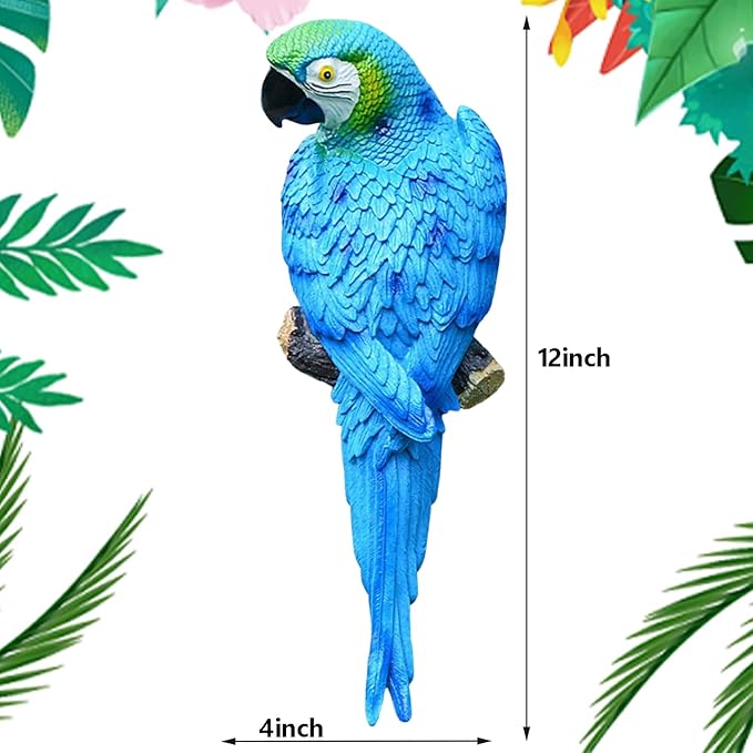 12inch Blue Parrot Tiki Bar Statue for Pool Decorations, Outdoor Parrot Deck Decor, Resin Plastic Parrot Sculpture for Porch, Life Size Tropical Birds for Yard, Tree Faces Animals(Blue)-VerdiqueGarden