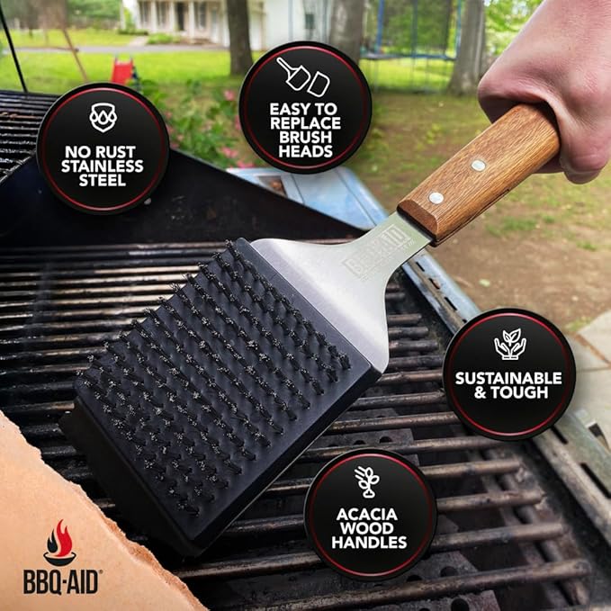BBQ-Aid Grill Brush and Scraper for Barbecue – Grill Brush for Outdoor Grill with Extended, Large Wooden Handle and Replaceable Stainless Steel Bristles Head –No Scratch- BBQ Grill Brush for Any Grill-VerdiqueGarden