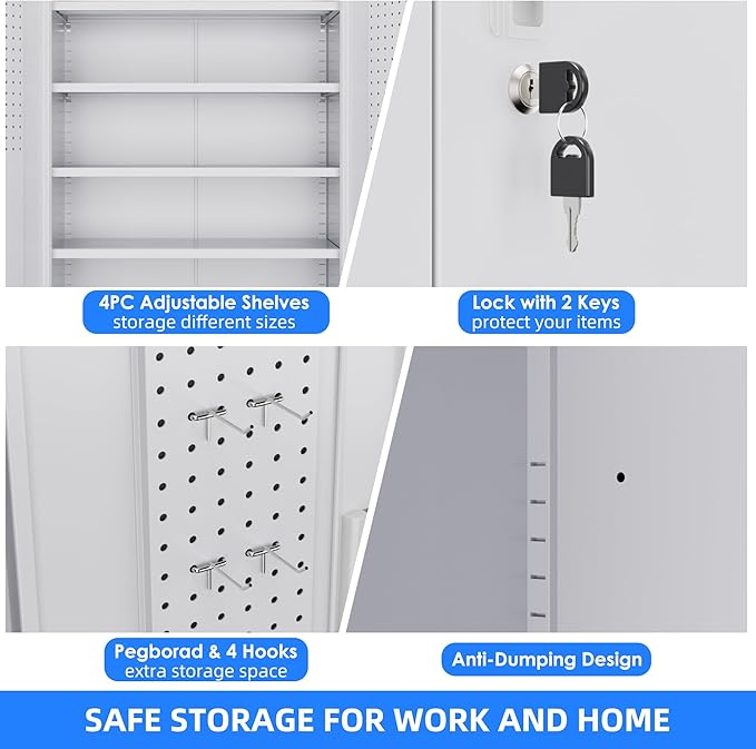 73" H Metal Garage Storage Cabinet with Wheels & Pegboard,Rolling Tool Cabinet with 2 Doors and 4 Shelves for Garage,Home,Office,Warehouse,Workshop, Required-Assembly,White-VerdiqueGarden