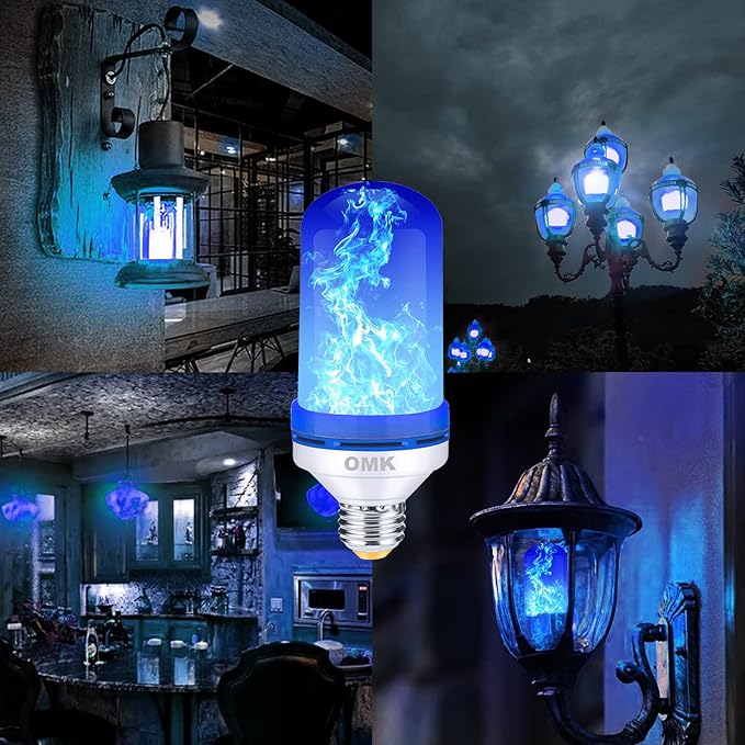 OMK - Blue Flame Christmas Decor LED Flame Effect Light Bulbs - Upgraded 4 Modes Fire Simulated Lamps - Christmas Gifts, Party, Indoor/Outdoor Decoration Lights (Blue 2)-VerdiqueGarden