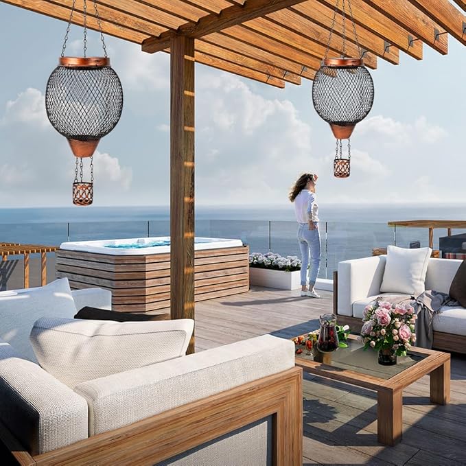 Starsoul 2 PC Cage Hot Air Balloon Solar Lantern with Flame Glass Outdoor Hanging Hot Air Balloon Solar Light Lamp Waterproof Garden Patio Yard Party Decorations-VerdiqueGarden