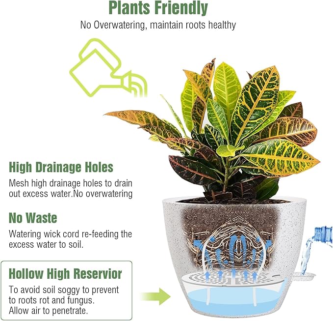 10/9/8 inch Self Watering Pots, Set of 3 Plastic Planters with Mesh Drainage Holes and Deep Reservoir for Indoor Outdoor Garden Plants and Flowers, White Speckles-VerdiqueGarden