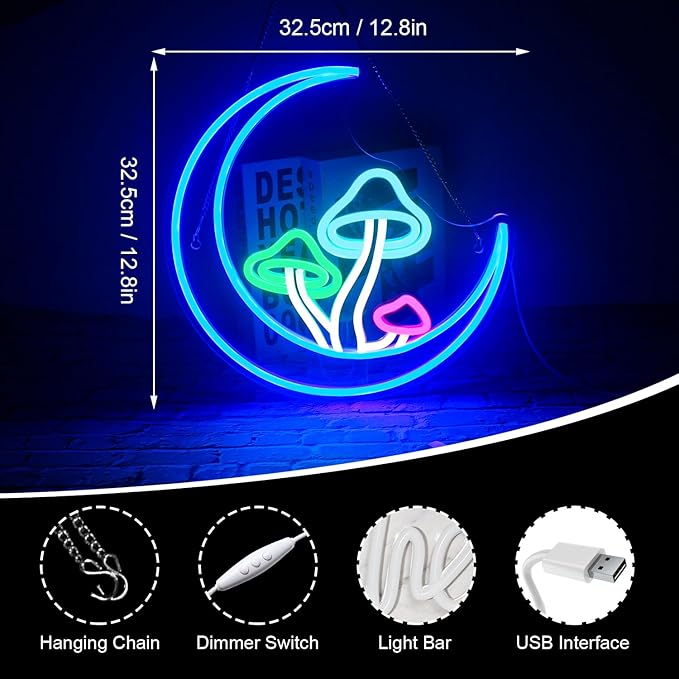 Moon Mushroom Neon Sign Blue Moon Neon Lights for Wall Decor Mushroom Light Up Signs USB LED Signs for Girls room Living Room Kids Room Home Bar Party Shop-VerdiqueGarden