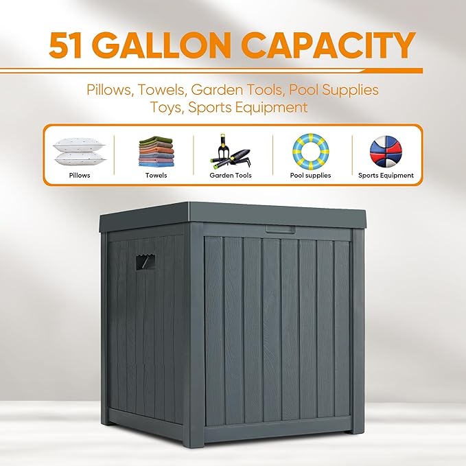 51 Gallon Resin Deck Box, Outdoor Storage Box Waterproof for Patio, Garden, Pool, and Deck, Storage Solution for Cushions, Tools, Delivery Packages, Grey-VerdiqueGarden