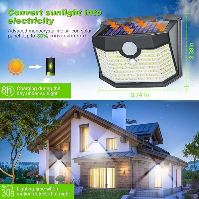 HMCITY 120 LED Outdoor Solar Lights with Motion Sensor and 3 Lighting Modes, IP65 Waterproof Wide Solar Wall Lights Ideal for Garden Patio Yard (Front Button 6Packs, Daylight White)-VerdiqueGarden