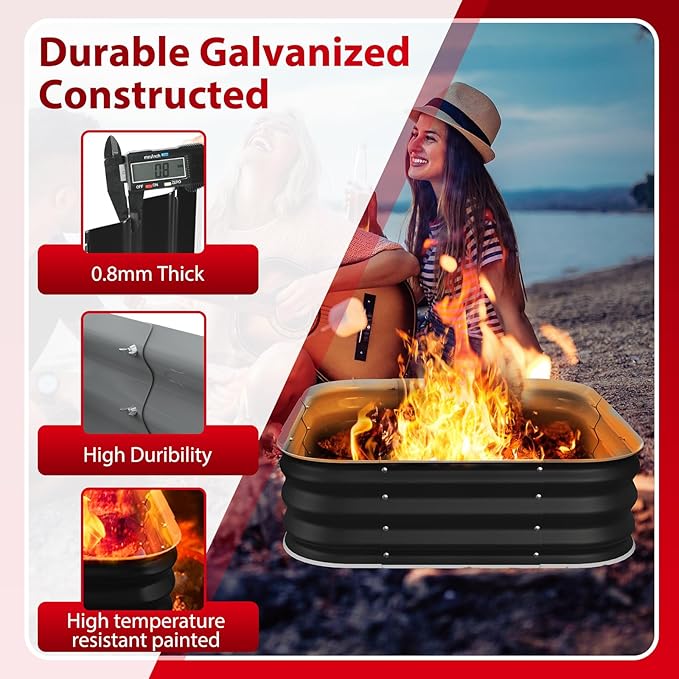 Fire Pit 48 Inch, Square Galvanized Steel Fire Pit for Outside, Heavy Duty Steel Fire Pit In-Ground for Backyard, Camping, Bonfire, Flower Raised Garden Bed for Garden, 11 Inch High-VerdiqueGarden