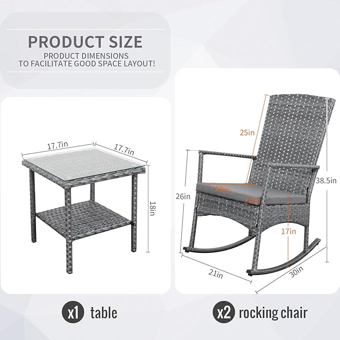 Outdoor Rocking Chair 3 Pieces High-Backed Rocking Chair Patio Rocking Chairs Outdoor Table and Chairs Anti-Slip Cushions Dark Grey-VerdiqueGarden