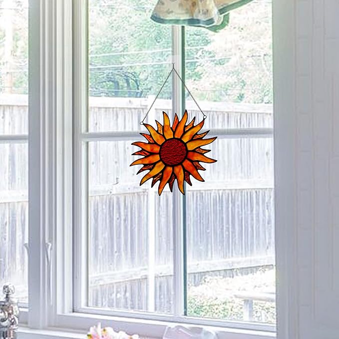 BOXCASA Sun Stained Glass Window Hangings,Tiffany Style Red Sun Suncatcher,Handcrafted Stained Glass Sun Decor for Window,Home Decorations for Window Living Room Bedroom Balcony Kitchen-VerdiqueGarden