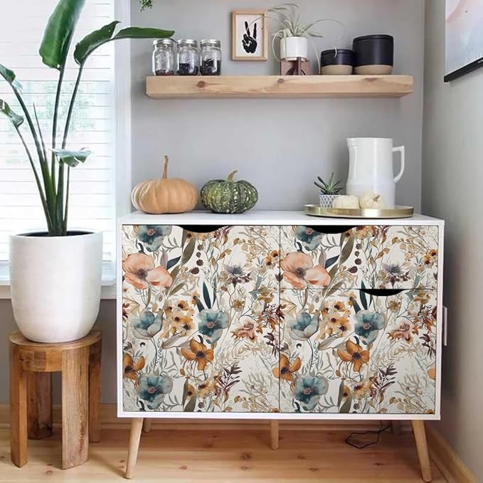 Boho Flowers Brown Leaf Plants Botanical Peel and Stick Wallpaper Self Adhesive Removable Easy Peel Off Stick on Wall Paper for Bedroom Cabinet Renter Friendly-VerdiqueGarden