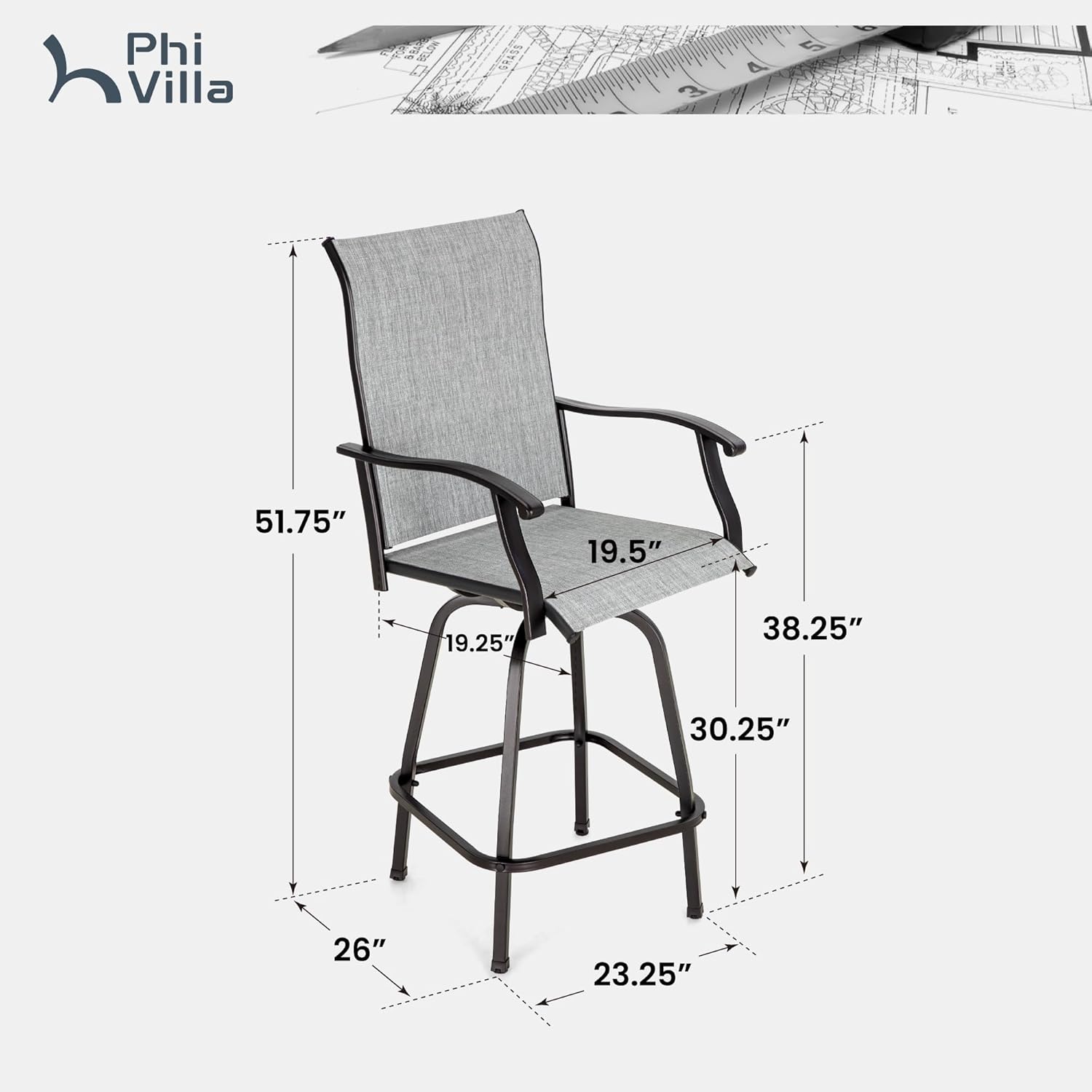PHI VILLA Outdoor Swivel Patio Bar Stools Set of 6, 30 Inch Bar Height Tall Patio Chairs with Back & Armrest, Durable Textilene Fabric in Grey for Deck Lawn Garden-VerdiqueGarden