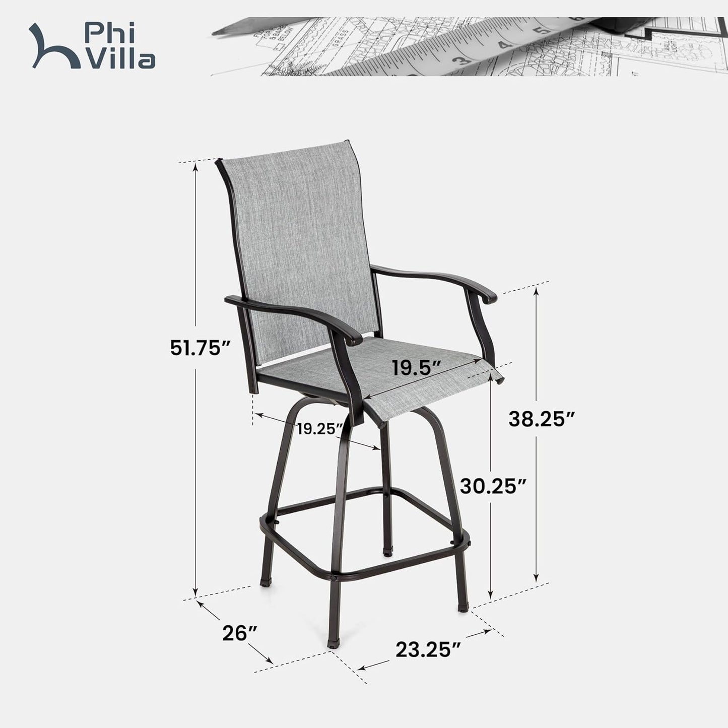 PHI VILLA Outdoor Swivel Patio Bar Stools Set of 4, 30 Inch Bar Height Tall Patio Chairs with Back & Armrest, Durable Textilene Fabric in Grey for Deck Lawn Garden-VerdiqueGarden