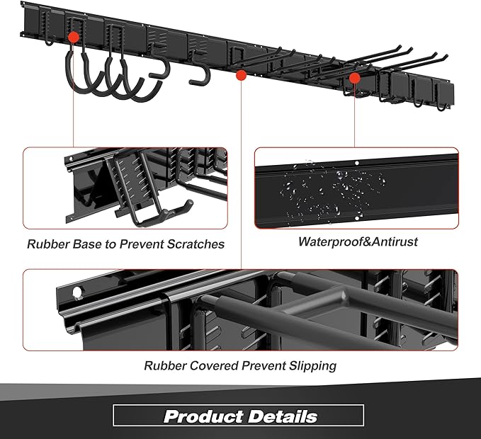 Garage Tool Storage Rack, Heavy Duty Garage Storage Organizer Rack System Wall Mounted Tool with 12 double hooks, 4 rails Garden Tool Rack-VerdiqueGarden