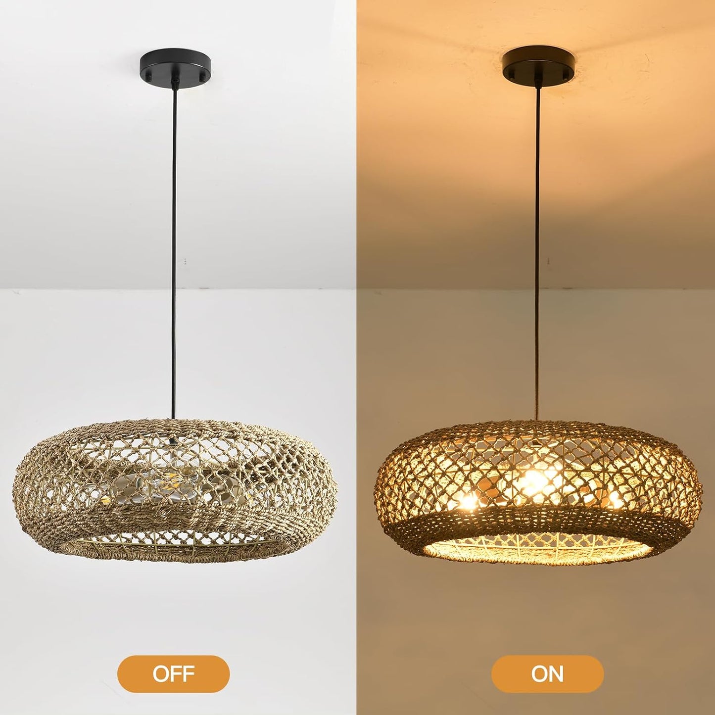 20.1" Large Rattan Chandelier, 3 Light Hanging Light, Boho Wicker Pendant Lighting, for Kitchen Island, Bedroom, Dining Room, Entryway, Foyer-VerdiqueGarden