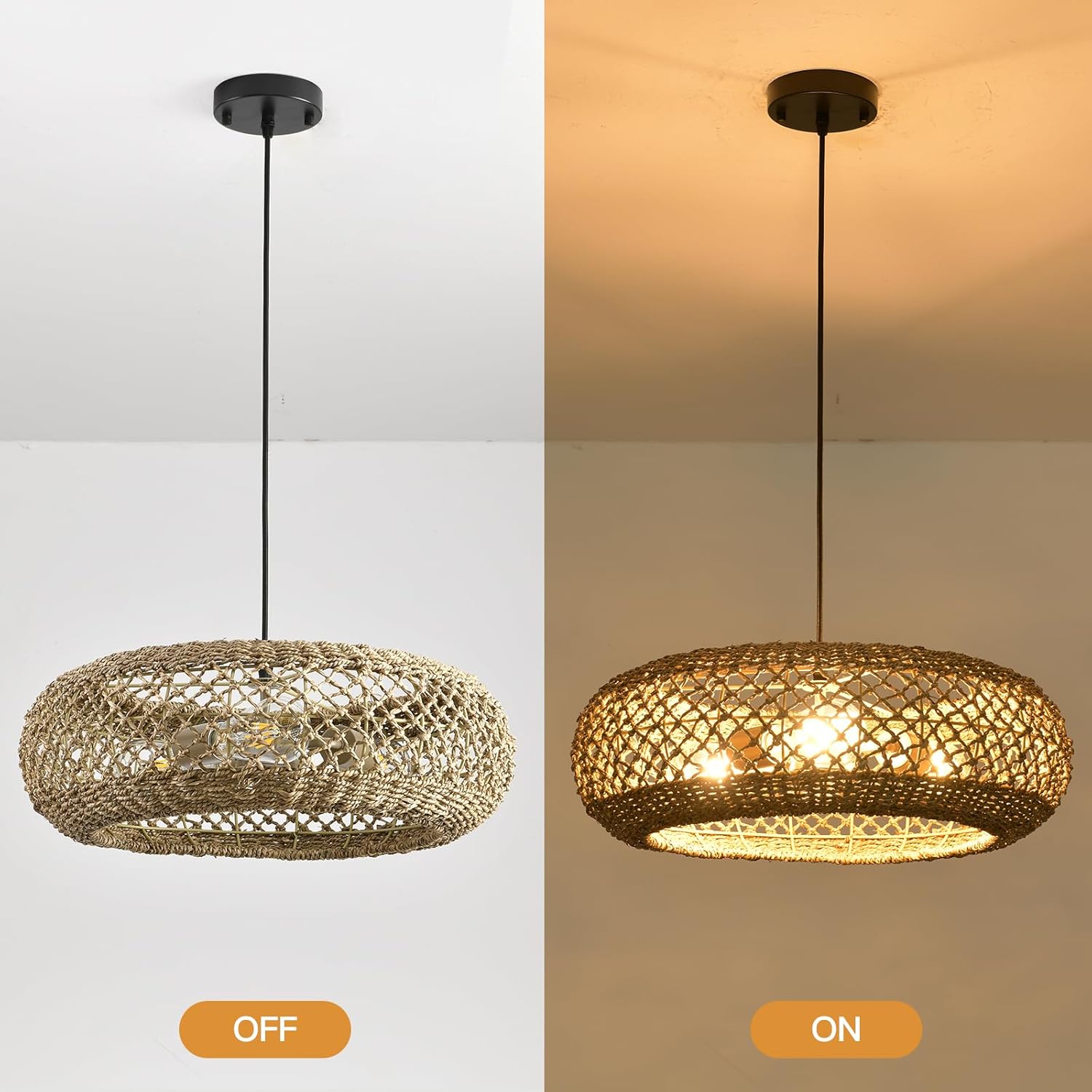 20.1" Large Rattan Chandelier, 3 Light Hanging Light, Boho Wicker Pendant Lighting, for Kitchen Island, Bedroom, Dining Room, Entryway, Foyer-VerdiqueGarden