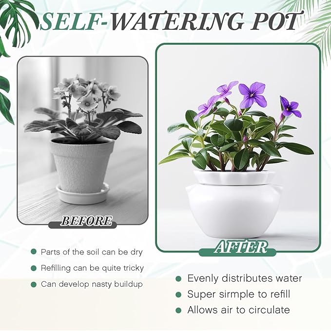 1 Set 7.5 Inches African Violet Pots Self Watering White Ceramic Pot for Indoor Plants, Flowerpot with Highly Absorbent Inner Pot for Busy Plant Lovers, Plant Care-VerdiqueGarden