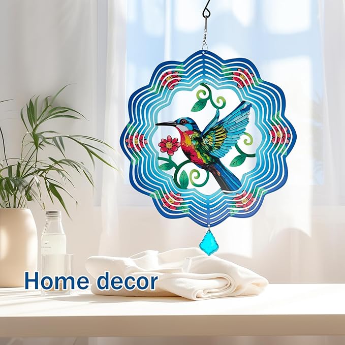 Hummingbird Metal Wind Spinners - 12 Inch Hanging Metal Wind Spinner for Outdoor & Indoor Decor, Hummingbird Kinetic Sculpture for Christmas Ornament Gifts, Yard Art and Garden Decorations-VerdiqueGarden
