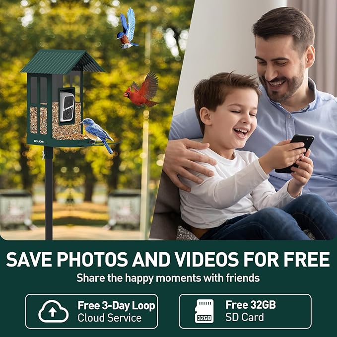 Soliom- Bird Feeder with Camera, 5W Solar Powered, AI Identify Species, Smart Wild Bird Watching, 2K Live View, Instant Arrival Alerts,Large 2.7L Seed Capacity, Metal Squirrel Chew-Proof - BF08 Green-VerdiqueGarden