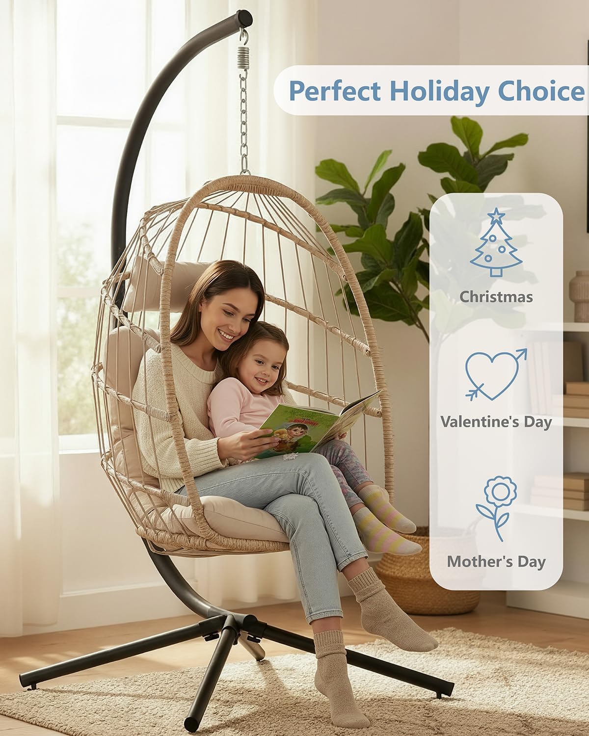 SWITTE Egg Chair Outdoor with Stand, Indoor Wicker Hanging Egg Swing Chair with Cushion, 350lbs Capacity for Patio, Bedroom, Garden - Cream-VerdiqueGarden