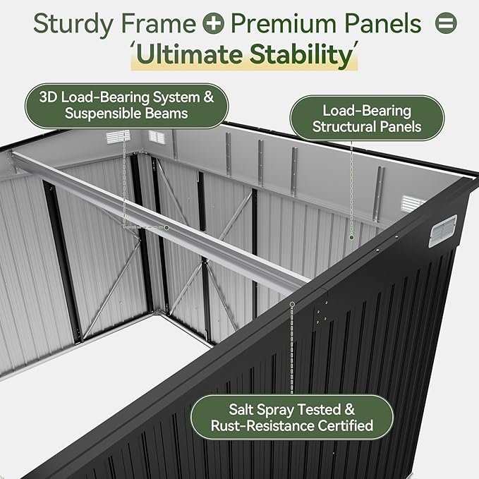 Aoxun 12' x 7.3' Shed 441 CU.FT Outdoor Waterproof Storage Shed with Triple Lockable Door Garden Metal Tool Shed for Outside (Black)-VerdiqueGarden