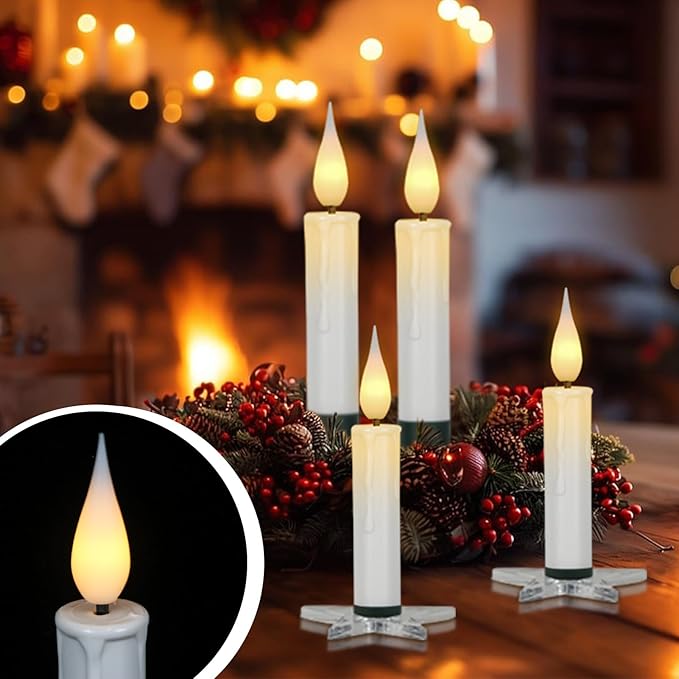 DRomance Christmas Tree Flameless Taper Candle Lights Battery Operated with 10-Key Remote and Timer, 10 Pack Plastic 3D Wick Flickering LED Taper Candles Multi-Using Home Garden Holiday Decor 3.4"-VerdiqueGarden