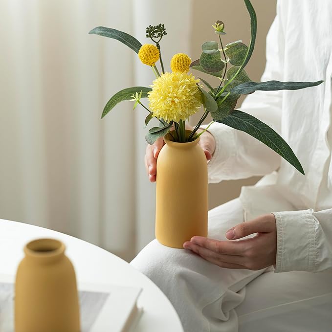 Ceramic Vase Set-3, Small Flower Vases for Decor, Modern Boho Farmhouse Style, Decorative Vases for Pampas Grass & Dried Flowers, Distressed Finish (Yellow)-VerdiqueGarden