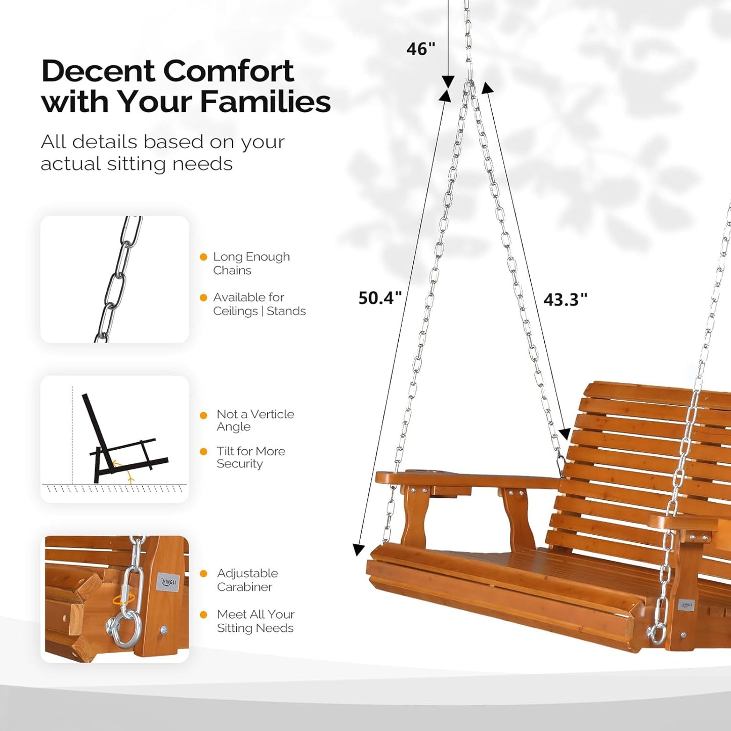 VINGLI XL Size Patio Wooden Porch Swing Outdoor with Cup Holders, Heavy Duty 880 LBS Hanging Swing Chair Bench with Hanging Chains for Yard, Lawn, Garden (4 FT Pro, Brown)-VerdiqueGarden