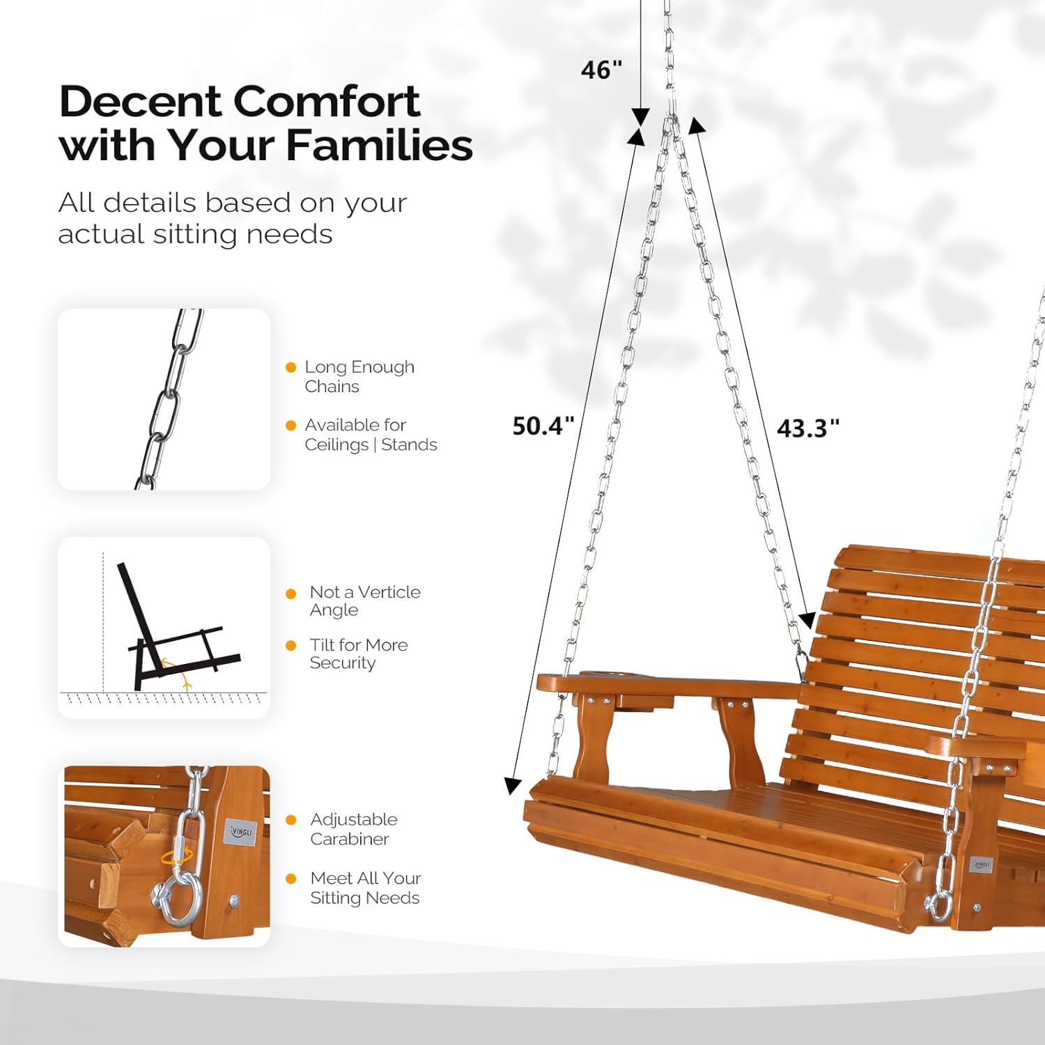 VINGLI XL Size Patio Wooden Porch Swing Outdoor with Cup Holders, Heavy Duty 880 LBS Hanging Swing Chair Bench with Hanging Chains for Yard, Lawn, Garden (4 FT Pro, Brown)-VerdiqueGarden