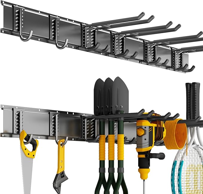 Garage Organization Tool Organizer Wall Mount, 32inch Heavy Duty Garden Tool organizer Storage System, Easy Install With 6 Adjustable Hooks, For Garage, Basement, Shed, Workshop(Black)-VerdiqueGarden