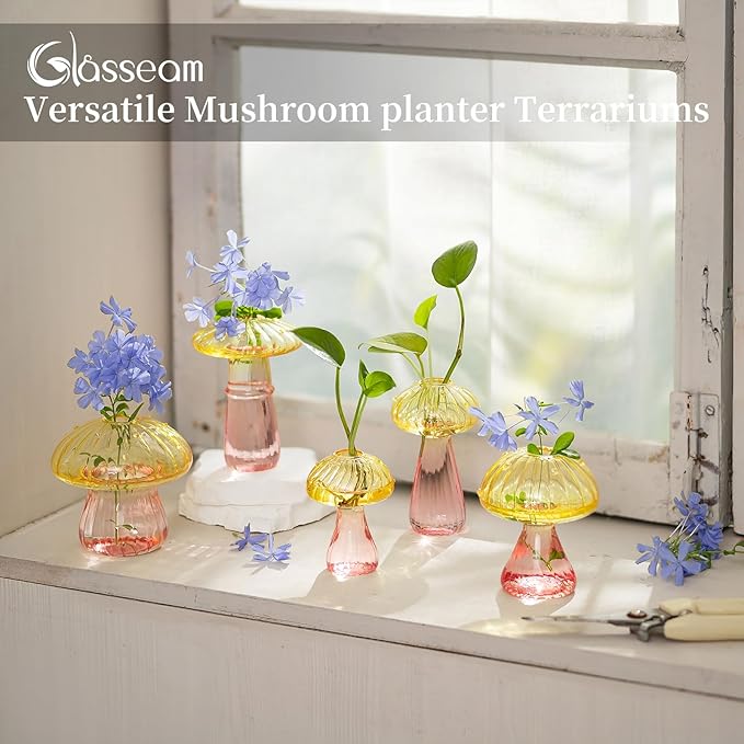 Glasseam Mushroom Plant Propagation Stations: Colored Glass Terrarium Jar Set of 5 Cute Planters for Indoor Plants Mini Propagate Station Unique Christmas Birthday Gifts for Women Home Office Decor-VerdiqueGarden