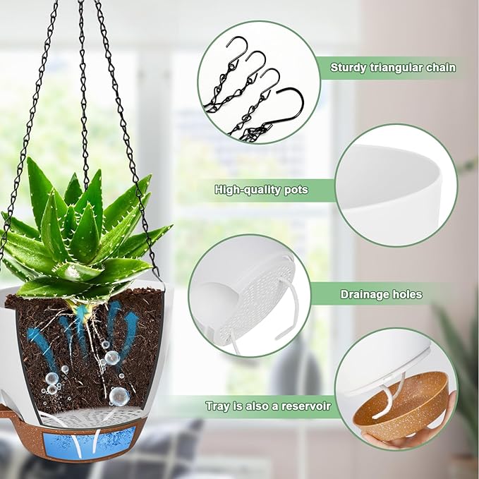 10/9/8 Inch Hanging Planter for Indoor Outdoor Plants, 3 Pack Self-Watering Hanging Pot with Drainage Holes Hanging Planter Baskets Plant Pots with Removable Tray (White+Brown)-VerdiqueGarden