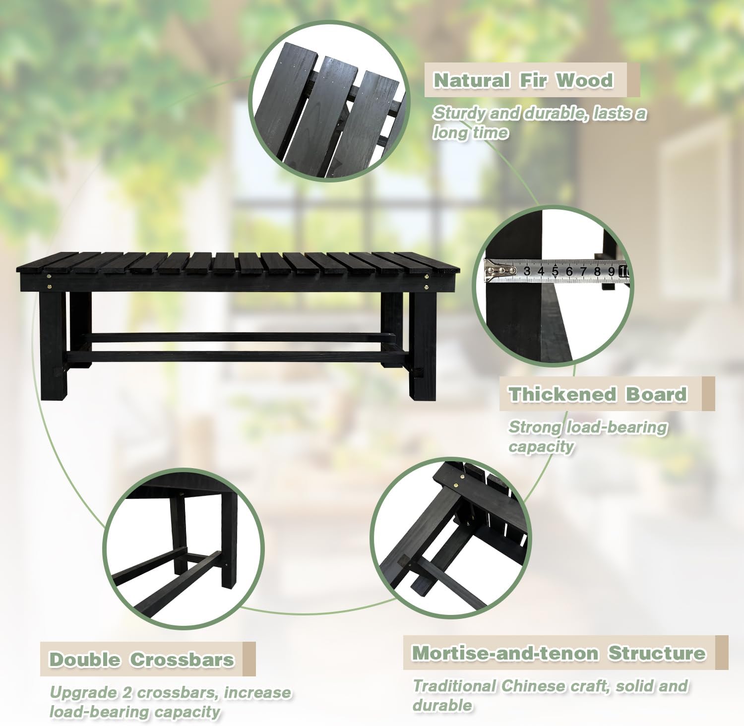 Outdoor Garden Bench, 3-Person Wood Patio Bench Weatherproof Outdoor Backless Bench, Anti-Corrosion and Anti-Rust Garden Benches for Garden Lawn Porch Park Backyard (Black,47.25''/120cm)-VerdiqueGarden