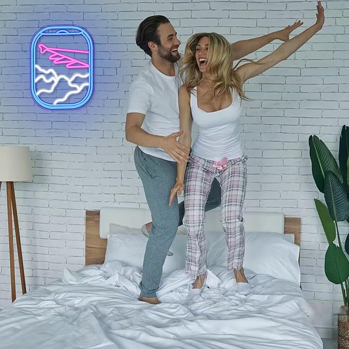 WLHOPE Airplane Window View Neon Signs Blue Pink LED Neon Sign for Wall Decor, USB Plane Window Clouds Neon Light Up Signs for Bedroom Living Room Game Room Office Shop Airport Wall Art Decor-VerdiqueGarden