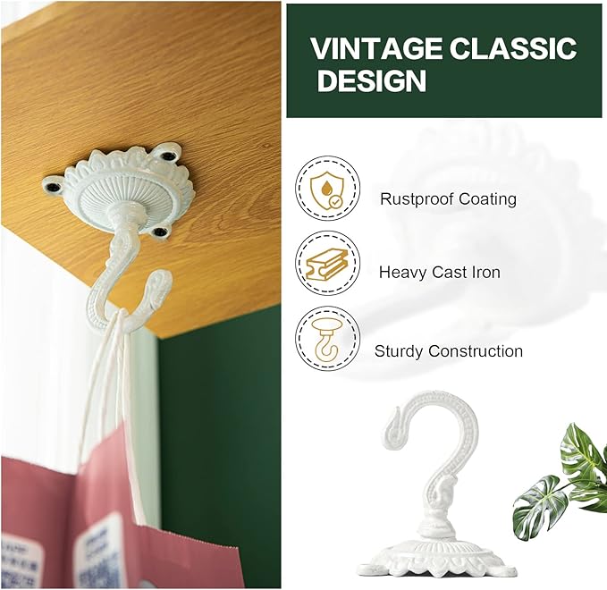 Sungmor Heavy Duty Ceiling Hooks for Hanging Plants, 2PC White 3.5x3.9Inch Large Cast Iron Ceiling Hooks, Antique Decorative Ceiling Swag Hooks for Hanging Planter Chandelier Wind Chime Lantern Hanger-VerdiqueGarden
