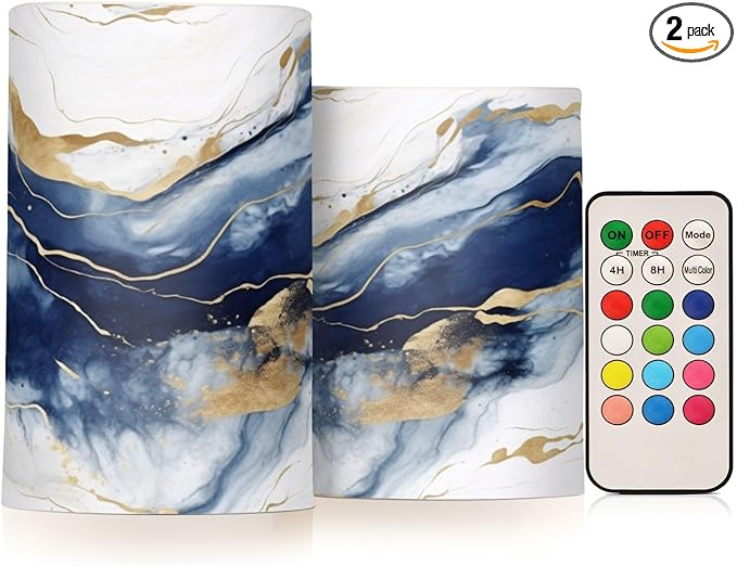 Flickering Flameless Candles, Drak Blue Golden Marble LED Candles with Remote Timer, Set of 2 Battery Operated Candle for Valentine Wedding Birthday-VerdiqueGarden