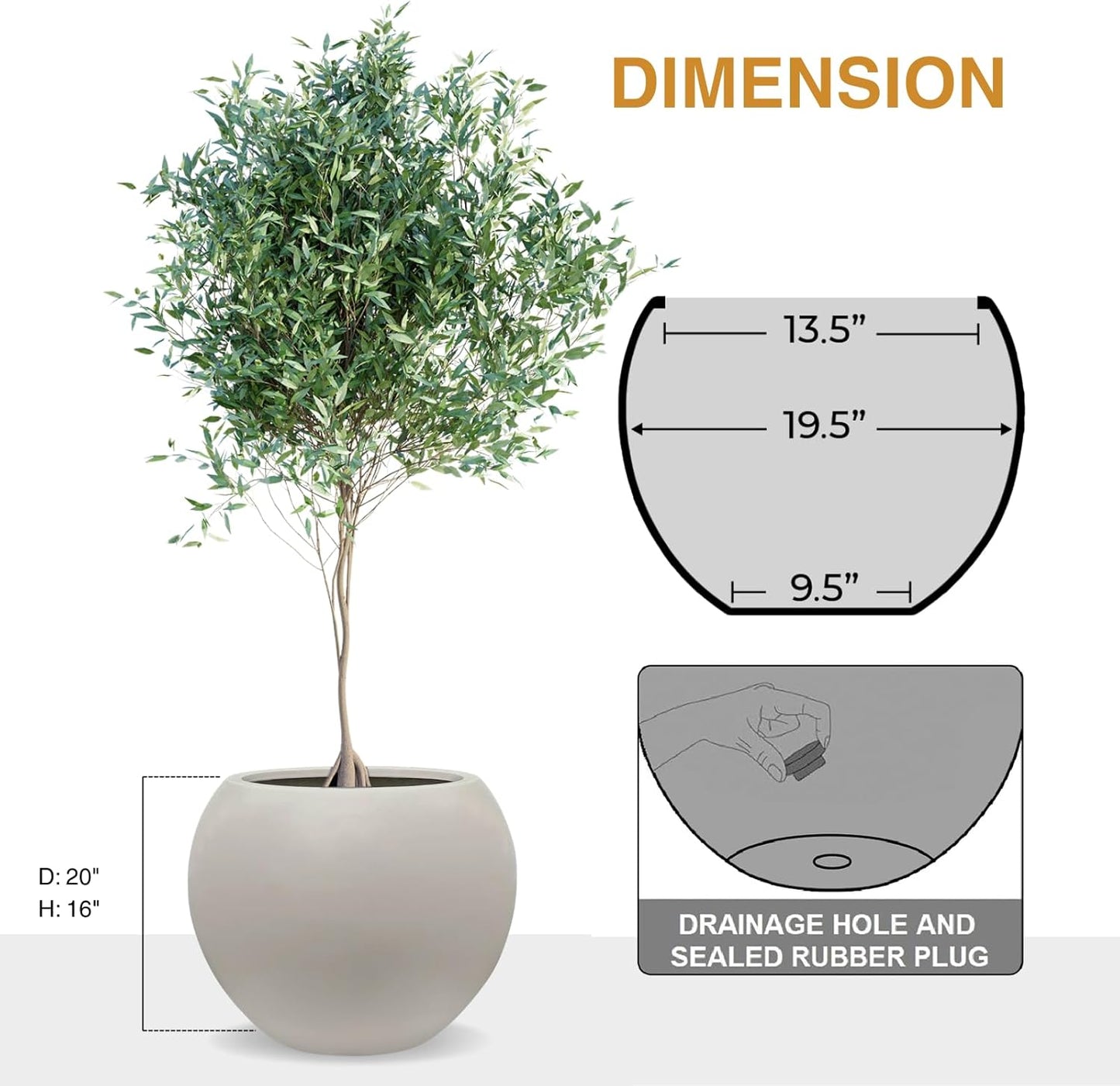 16" H x 20" D Globo Fiberstone Round Planter with Drainage Hole, Weather Resistant, Smooth Finish, Planters for Indoor Plants & Outdoor, 2 Extra Coco Mats (Taupe, 13.5" Pot Opening)-VerdiqueGarden