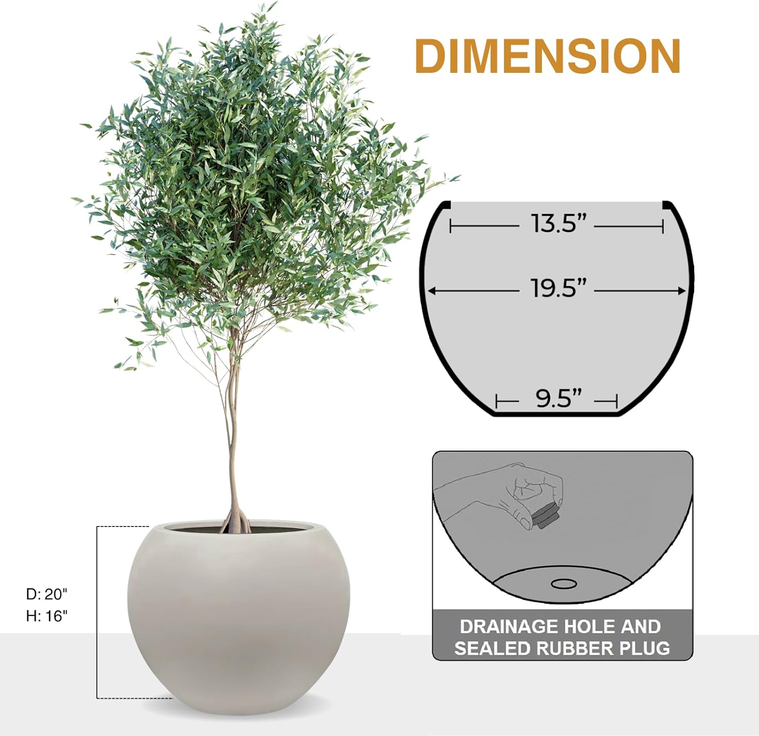 16" H x 20" D Globo Fiberstone Round Planter with Drainage Hole, Weather Resistant, Smooth Finish, Planters for Indoor Plants & Outdoor, 2 Extra Coco Mats (Taupe, 13.5" Pot Opening)-VerdiqueGarden