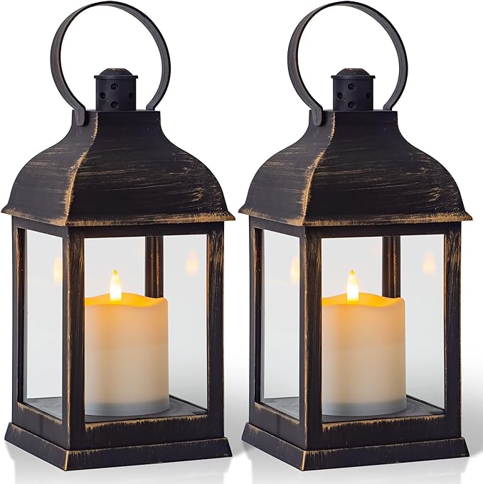 Vintage Lantern Decorative LED Flickering Flameless Candle with Timer, Battery Powered LED Decorative Hanging Golden Brushed Black Lanterns for Indoor Outdoor Garden Yard Home Decor(2 Pack)-VerdiqueGarden