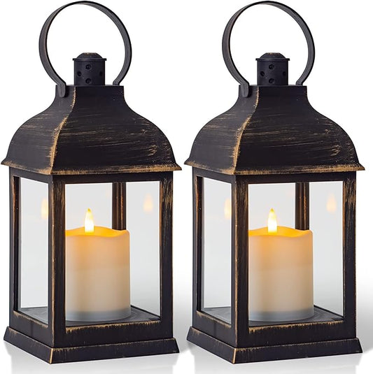 Vintage Lantern Decorative LED Flickering Flameless Candle with Timer, Battery Powered LED Decorative Hanging Golden Brushed Black Lanterns for Indoor Outdoor Garden Yard Home Decor(2 Pack)-VerdiqueGarden
