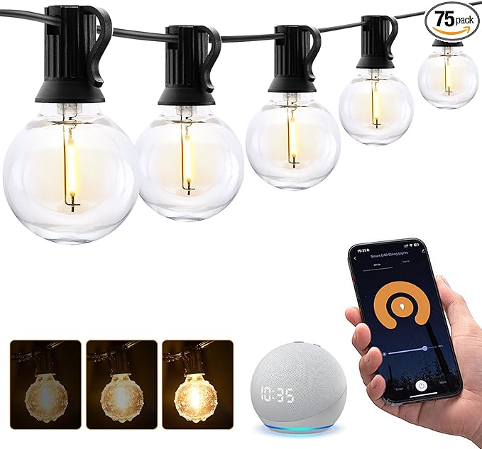 XMCOSY+ Smart Outdoor String Lights, 150Ft G40 Globe Patio Lights with 75 LED Bulbs, WiFi & APP Control, Work with Alexa, Extendable Waterproof Dimmable LED String Lights for Outside, Porch, Cafe-VerdiqueGarden