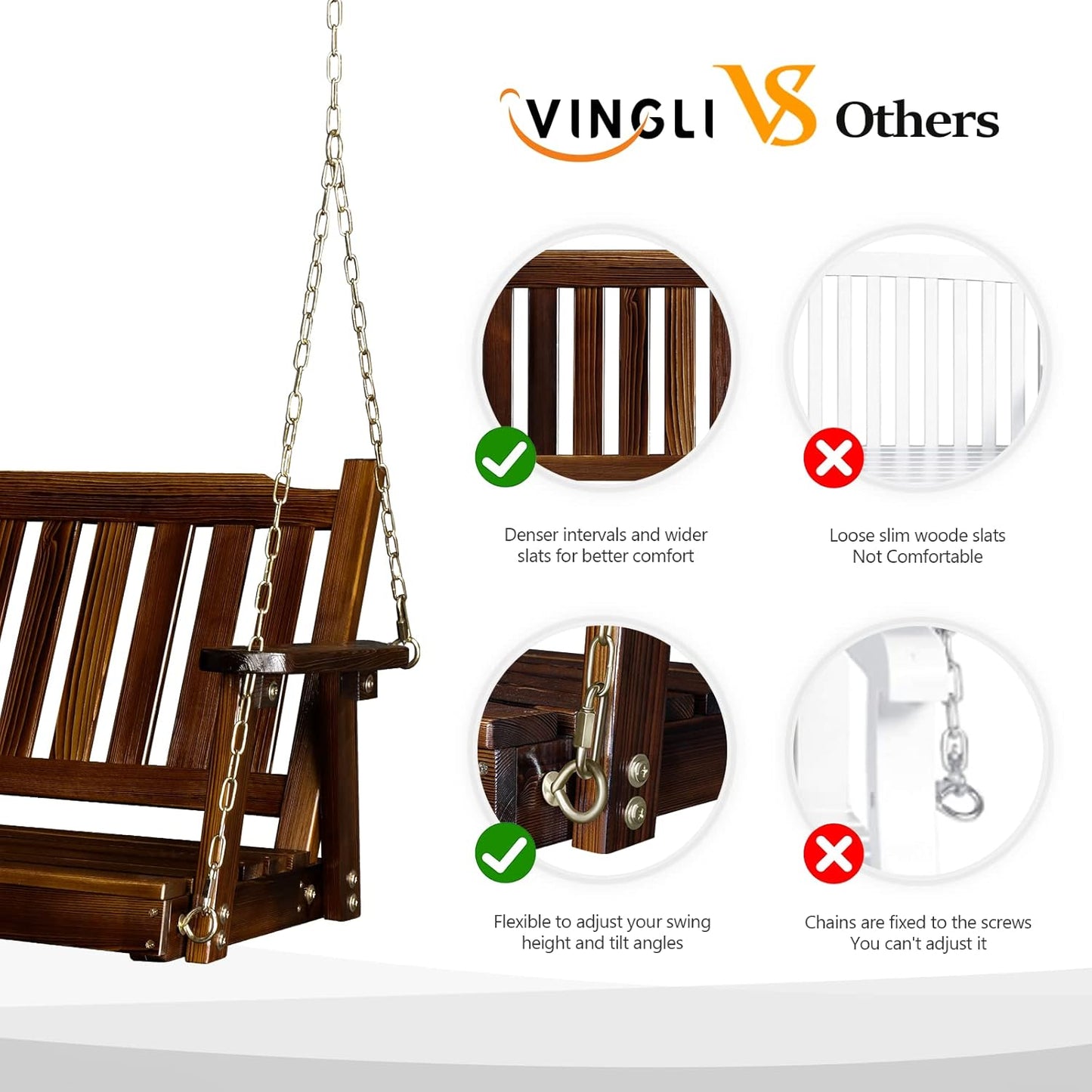 VINGLI Heavy Duty 880 LBS 4 FT Outdoor Porch Swing, Patio Hanging Swing Bench for Yard, Rustic-VerdiqueGarden