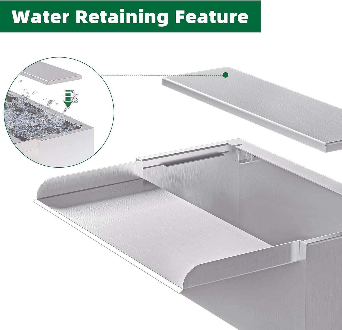 Pond Waterfall Spillway LONGRUNNEW 304 Stainless Steel 11.8" Rectangular Waterfall Spillway, Water Fall Fountain with Pipe Connector for Garden Outdoor, Swimming Pools, Fountains, Pond and Spa-VerdiqueGarden