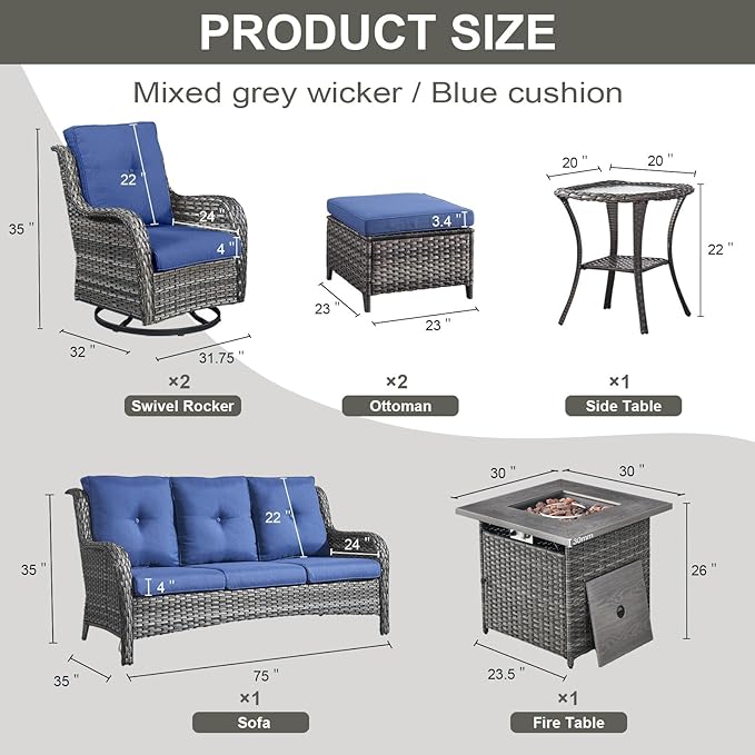 Outdoor Patio Furniture Set with Propane Fire Pit Table, 7 Pieces Wicker Patio Conversation Set with 2 Swivel Glider Rocker Chairs Rattan Sofa Blue Cushion Perfect for Casual Gathering Gray-VerdiqueGarden