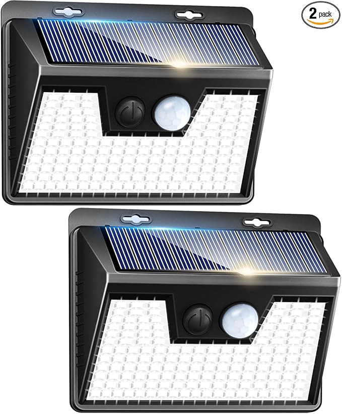 Peasur 2 Pack Solar Lights Outdoor Motion Sensor, 140 LED Solar Powered Fence Wall Light Waterproof, 3 Modes Solar Security Lighting for Outside Yard Deck Garden Stair Step-VerdiqueGarden